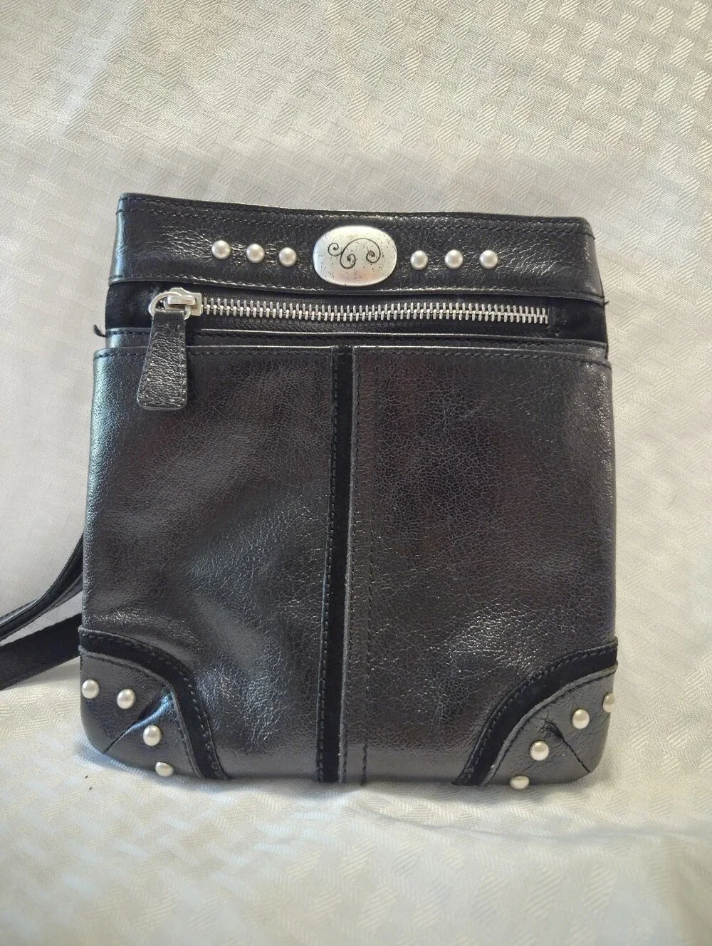 BRIGHTON Black Crossbody Bag Pebbled Leather Studded Ajustable Strap Purse